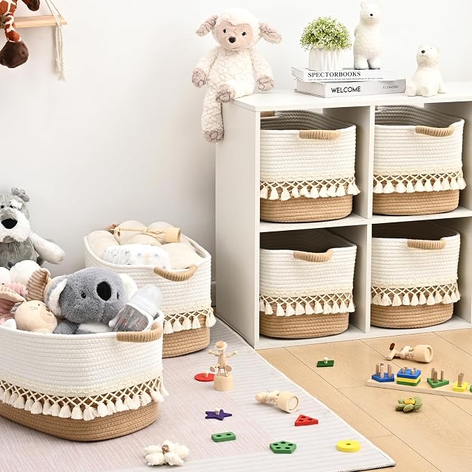 3 Pack Storage Basket for Shelves, Boho Cotton Rope Storage Bins with Heavy Tassel, Shelf Baskets Large Woven Baskets for Organizing, Cube Organizer Bins, Baby Laundry Basket for Clothes, Toys, Pets - Image 4