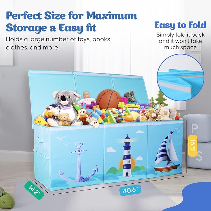 Extra Large Collapsible Sturdy Toy Storage Organizer with Lids, Ocean Theme Toy Box for Boys & Girls, 40"x16"x16", Modern, Blue - Image 2
