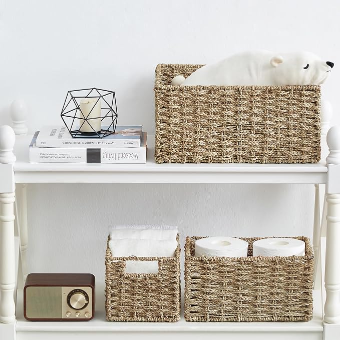 Wicker Basket, Seagrass Wicker Storage Basket with Built-in Handles, Baskets for Organizing, 15'' Large Storage Baskets for Shelves with Liner bathroom organizer (3-Pack Seagrass Baskets Set) - Image 3