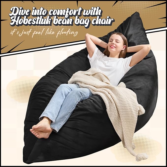 Hobestluk Adult Bean Bag Chair 3 in 1 Convertible Large Bean Bag Sofa | Velvet Black,Machine Washable,Removable Cover,Easy Convert And Install, Oversied Floor Bed,For Livingroom Bedroom - Image 6