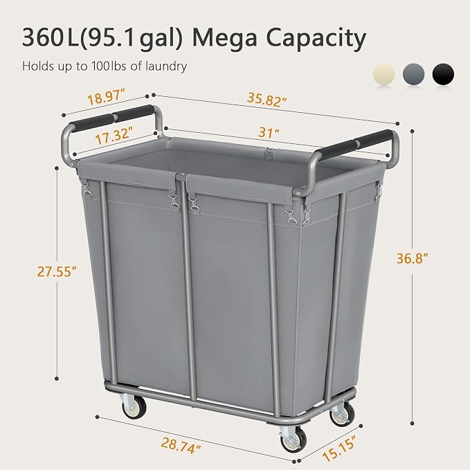 Gewudraw 360L Rolling Laundry Hamper with Wheels, 95 Gallons, Grey | Heavy Duty Extra Large Rolling Laundry Cart with Handle, Steel Frame, Waterproof Liner, Large Clothes Storage Basket - Image 3