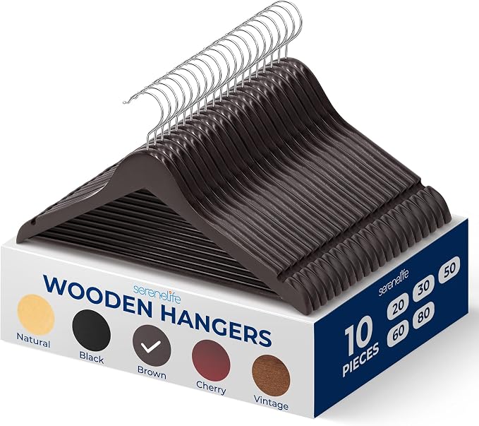 SereneLife Brown Wooden Hangers 10 Pack, Solid Wood Hanger with Non Slip Pant Bar, Heavy Duty Wooden Hanger for Closet, Smooth Finish Wood with 360 Degree Hook, for Shirts, Suits, Jackets, Dress by SereneLife