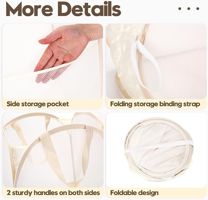Sea Team 2-Pack BEIGE Collapsible Laundry Basket Set - Foldable Mesh Hamper with Sturdy Support for Bathroom, College Dorm, Home - Image 5