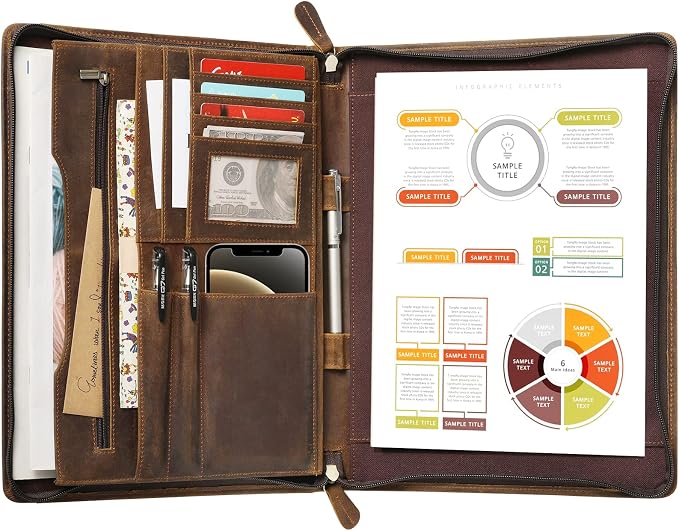 Ringsun Genuine Leather Portfolio with Zipper, Business Organizer for A4/Pad/Phone, Brown, RS63 by RINGSUN