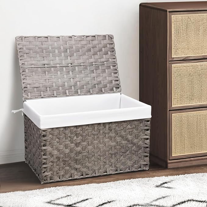Wicker Storage Basket with Lid, 42.3 Gallon (160L) Large Blanket Basket with Lid, Woven Storage Bin with Handles, Removable Liner, Metal Frame, Foldable, for Bedroom, Laundry Room, Grey - Image 7