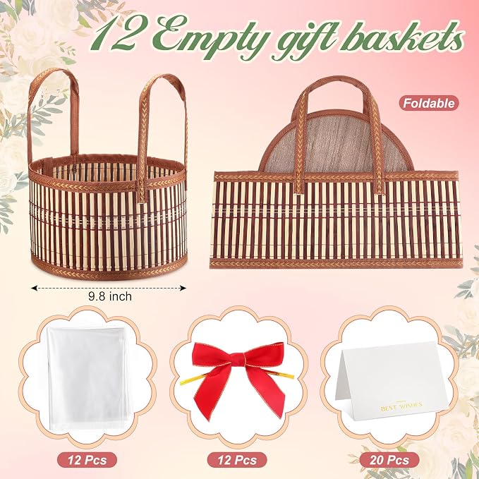 Weysat 12 Set Baskets for Gifts Empty Bulk, Large Woven Bamboo Gift Basket Kit with Handles, Bow, Wrap Bag to Fill for Raffle Thanksgiving Day Wedding Birthdays Party Wrapping (Brown) - Image 3