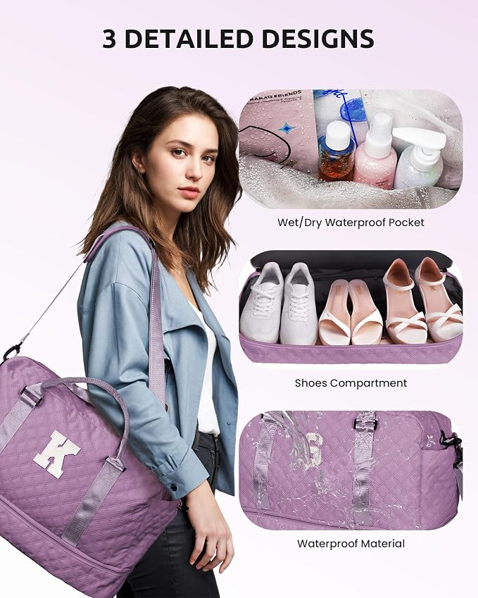Initial Duffle Bag, Weekender Bag with Shoe Compartment Gifts Idea | Monogram Overnight Bags for Women, Girl Travel Bag with Makeup Bags Unique Gifts for Women Present for Niece (Letter R) - Image 7