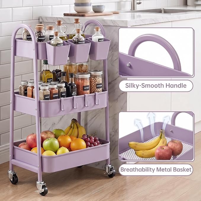 danpinera 3-Tier Rolling Cart, Utility Cart Mobile Metal Rolling Storage Cart with Lockable Wheels & Hanging Cups & Hooks for Kitchen, Bathroom, Office, Workshop, Purple - Image 3
