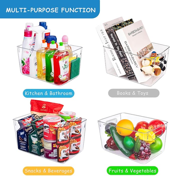 Set of 8 Pantry Organizers and Storage, Clear Plastic Bins(4L+4S) | BPA-free PETG storage containers with handles, ideal for kitchen, fridge, bathroom, cabinet, office, and dorm organization - Image 2