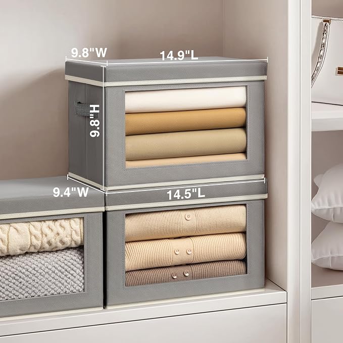 Stackable Storage Bins with Lids - Medium Storage Box with Lids, Foldable Closet Boxes for Organizing, Wardrobe Clothes Organizer with Window, Cubes Bins for Living Room, 5 Pack, Grey - Image 6