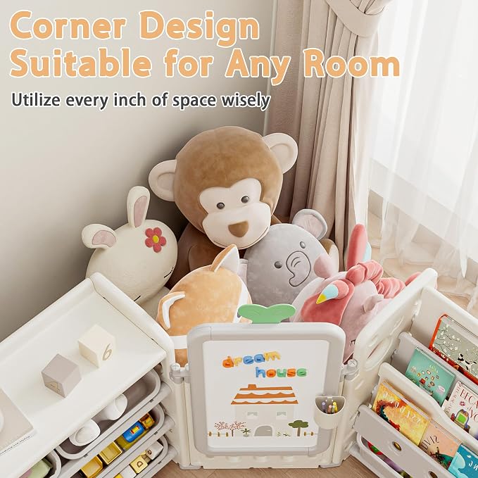 Kids Toy Storage Organizer with 10 Removable Bins, Foldable Toy Organizers and Storage with 3-Tier Bookshelf for Kids Toy Storage Organizer with Drawing Board, Extra 3 Brushes (4 In 1 Off-white) - Image 7