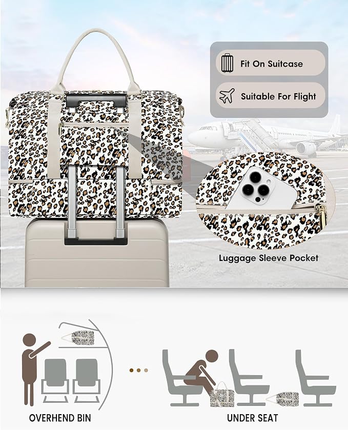 Travel Overnight Bag Weekender Bags: Large Duffle Bag Women with Shoe Compartment Carry on Overnight Bags with Toiletry Bag Gym Duffel Bag with Wet Pocket Hospital Bags for Labor and Delivery Leopard - Image 4