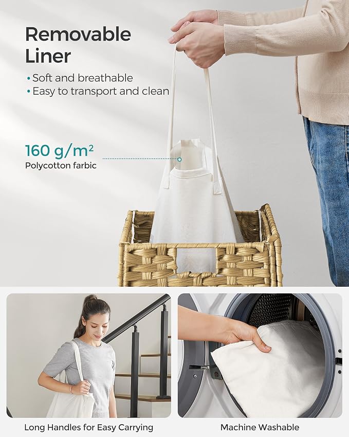 SONGMICS Laundry Hamper with Lid, 23.8 Gallon (90 L) Synthetic Rattan Clothes Laundry Basket with Lid and Handles, Foldable, Removable Liner, Goose Yellow ULCB51NL - Image 6