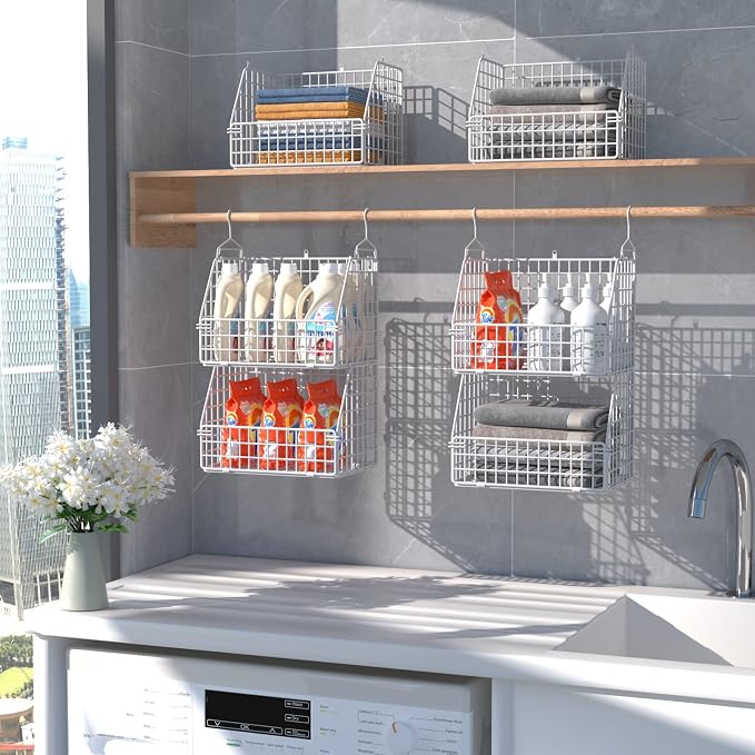 PUPPYCUTE Hanging Closet Organizer and Storage, Clothes Hanging Shelves Wire Baskets for Clothing Sweaters Purse Handbags Shoes White 3 Tier - Image 5