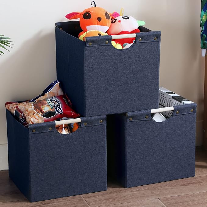 HOONEX Collapsible Storage Bins, 12x12x12in Storage Cubes Linen Fabric, 3 Pack, Storage Baskets with Wooden Carry Handles and Sturdy Heavy Cardboard, for Home, Office, Car, Nursery, Blue - Image 4