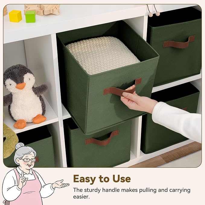 GRANNY SAYS 11 Inch Cube Storage Bins, Cube Organizer, Olive Green, 6-Pack | Collapsible Storage Boxes with Thickened Base Plate, Sturdy Handles, Decorative Baskets for Shelves, Closet - Image 3