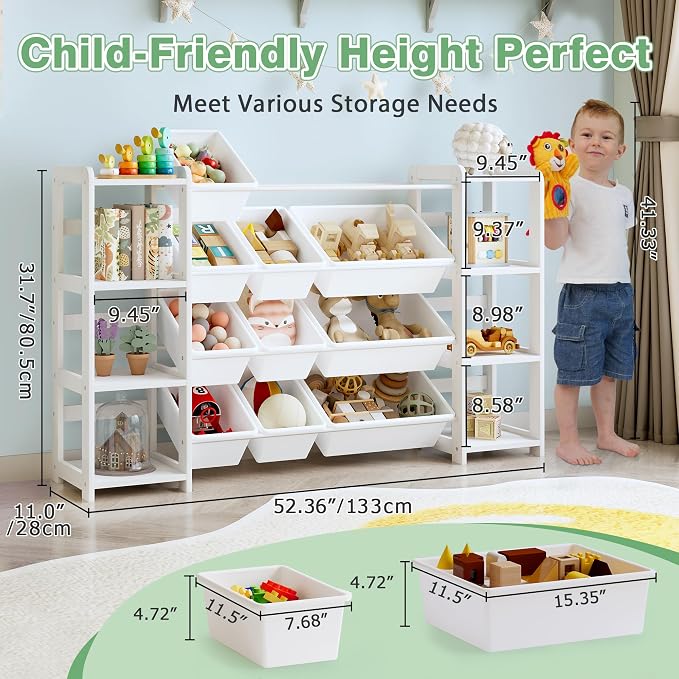 MallBest Extra Wide Toy Storage Organizer with Dual Bookshelves, Kids Wooden Shelf with 12 Removable Bins for Books, Toys, Playroom, Nursery, Bedroom, White, Large - Image 2
