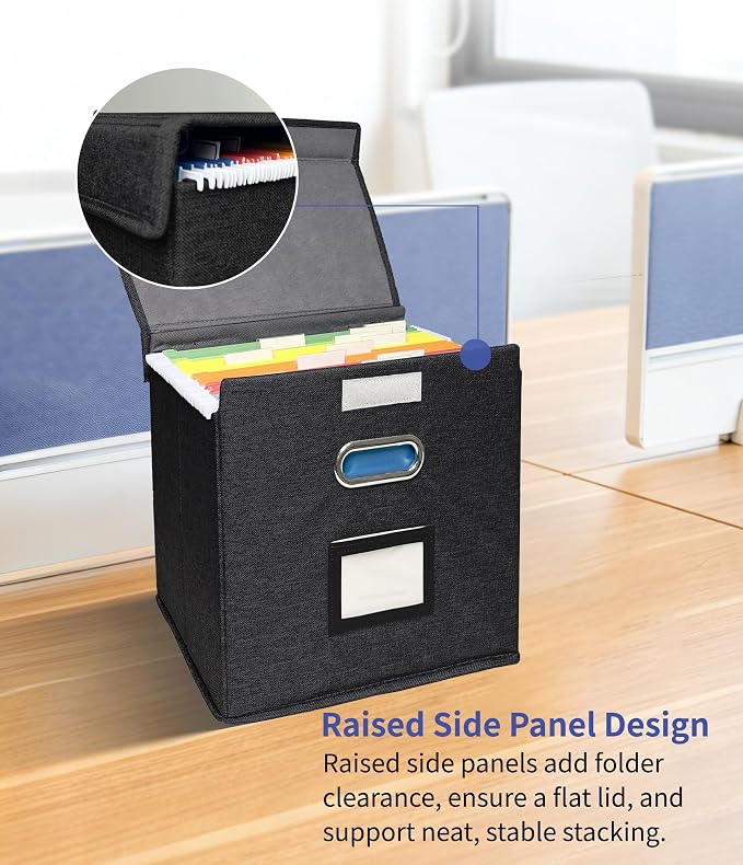 4 Pack Hanging File Folder Box with Lid, Durable Letter Size Filing Storage Box, Sturdy File Holder with Cardboard Support PVC Rails for Office Home Organizer, Black - Image 2