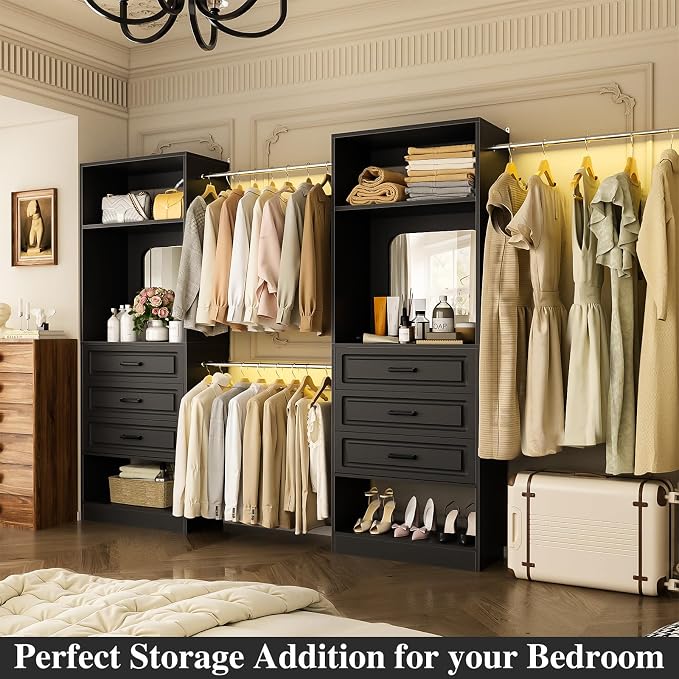 Unikito 6-14FT Wood Closet System with 6 Drawers and Mirror, Black | Sturdy walk-in organizer wardrobe for clothing, clothes rack with 3 hanging rods, freestanding garment storage tower. - Image 6