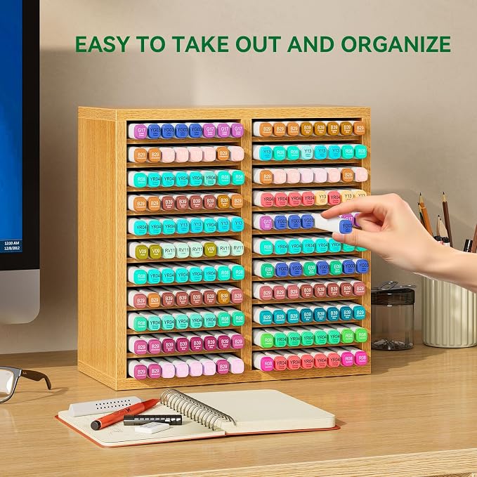 YMYNY Wooden Marker Organizer,Natural Wood Color11.81*5.31*11.81"HMR001N | Desktop Storage Hold 176 Markers,Pens,Pencils,Art Brushes Stationary Organizer Pencil Holder with 22 Compartments for Home - Image 5