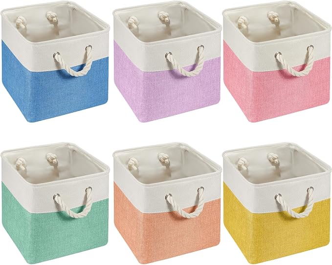 6 Pack 13x13 Inch Macaron Cube Storage Bins Square Fabric Cube Baskets | Pastel Foldable Organizer with Sturdy Handles, Home Closet Bin for Shelves, Durable Cube Baskets Bulk for Home Storage by Geiserailie
