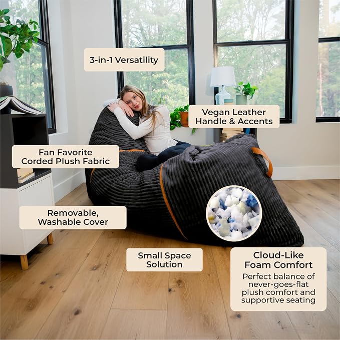 Big Joe Turnabout 3-in-1 Convertible Bean Bag Chair, Black Licorice - Image 4
