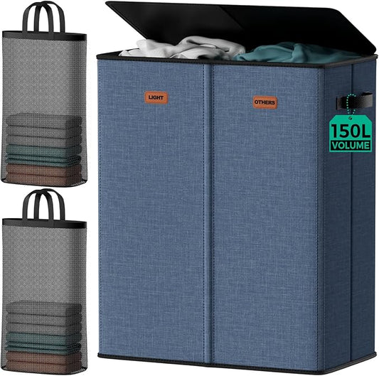 150L 2-Section Laundry Hamper with Lid – Removable Bag, Double Compartment Clothes Hamper for Bathroom, Bedroom, Dorm & Laundry Room by MECINFUL