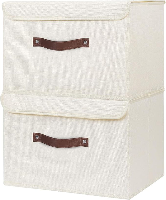 ANMINY Fabric Storage Box Bins with Lids, Beige, 13"x9"x7.9", 2 Pack | Keepsake Memory Storage, Cotton Linen, PP Board Reinforced, Washable, PU Handles, Foldable & Stackable, Decorative, Medium by ANMINY