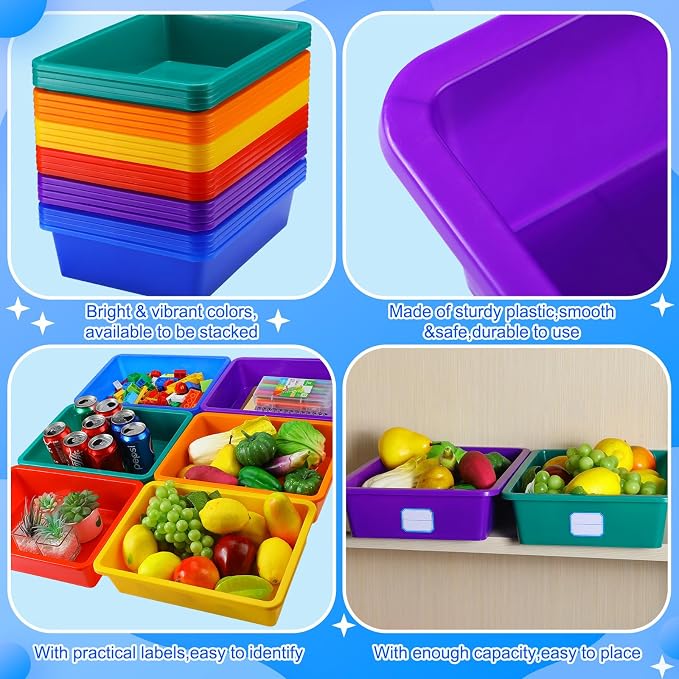 24 Pack Classroom Storage Bins, 14 x 10 x 3 Inch, Colorful | Plastic Cubby Organizer Bins with Labels, Classroom Stackable Storage Bins, Shelves Book Toy Organization, Cubby Bins Bulk - Image 3