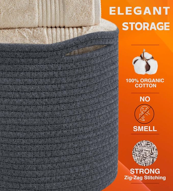 CHAT BLANC Cotton Rope Baskets for Organizing, Shelves, Toys, Storage, Shoe, Bathroom, Laundry, Towel, Nursery, Home Decor, Blanket, Cloth Woven Bins Fabric (Graphite, 15"x10"x9") - Image 2