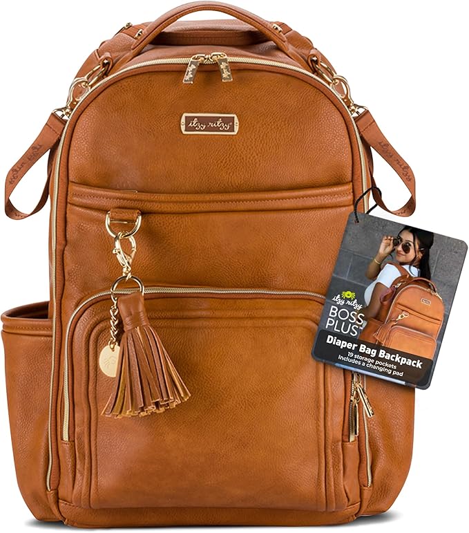 Itzy Ritzy Boss Plus Large Diaper Bag Backpack with 19 Pockets (Cognac) | Includes 2 Insulated Bottle Pockets, Changing Pad, Stroller Clips, Comfortable Padded Straps, Easy-to Clean, Travel-Ready by Unknown