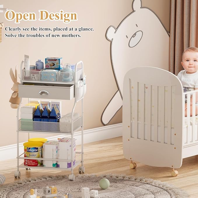 Baby Diaper Caddy Cart Organizer -3 Tier, Bedside Nursery Essentials Organizer & Storage Holder for Newborn Baby Stuff, 2+1 Dividers, 1 Drawer,Rolling Utility Cart for Bedroom,Changing Table, Crib. - Image 5