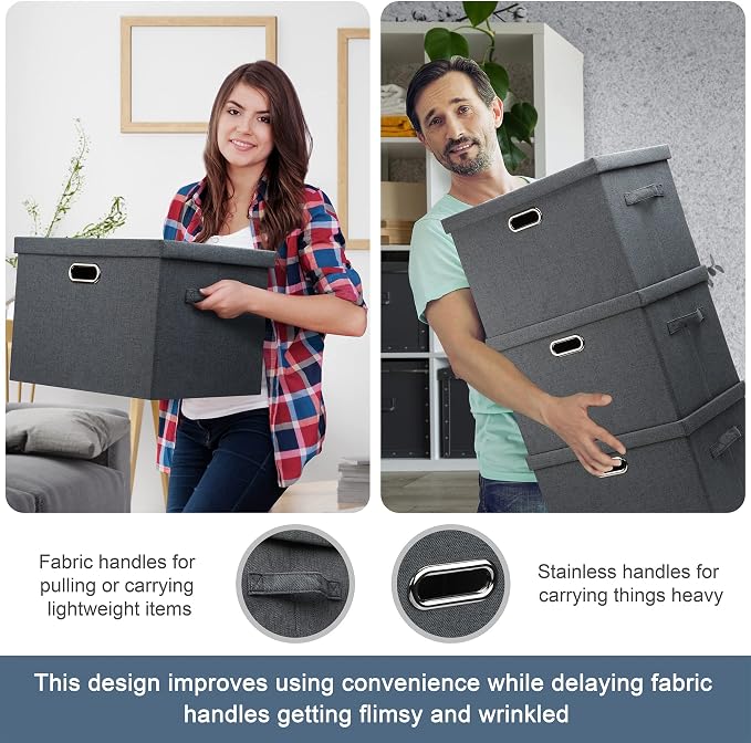 Graciadeco Large 17" 36 Quart Collapsible Stackable Storage Bins with Lids, 5 Packs Dark Gray Foldable Fabric Closet Storage Boxes with Lids Heavy-duty Linen Cube Baskets(17 x 12 x 11) | 36 Quart 5 Pack Dark Gray Collapsible Stackable Linen Fabric 4 Ha... - Image 5