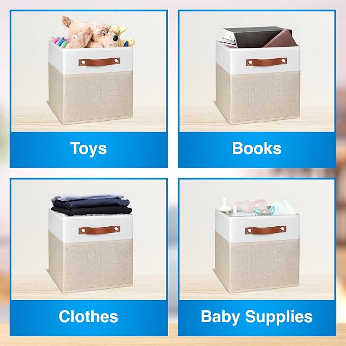 11 Inch Cube Storage Bin - 6 Pack - Linen Fabric 11x11 Cube Storage Bins for Bedroom, Living Room, Clothes and Toys; Foldable, Dual Leather Handles - Image 5