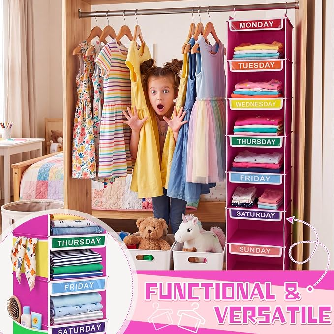 2 Pcs 7 Shelf Weekly Clothes Organizer for Kids Hanging Closet Organizer 11. 8 x 11. 8 x 50 Inch Daily Activity Kids Clothes Storage Drawers Cube Drawers Closet Hanging Shelves(Rose Pink) - Image 4