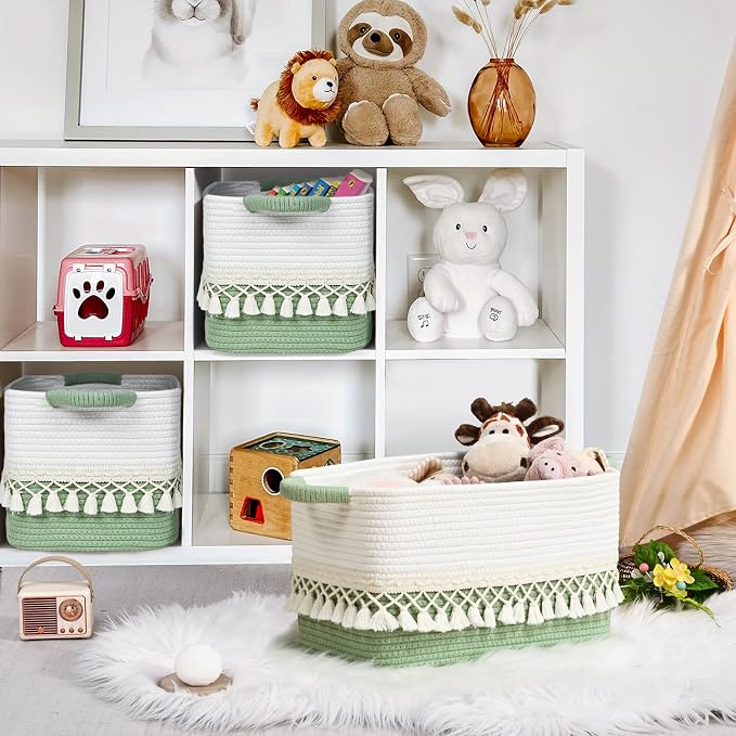 2 Pack Storage Basket, Heavy Tassel Woven Baskets for Storage, Boho Cotton Rope Storage Bin, Cube Organizer Bins, Baby Laundry Basket for Clothes, Toys, Diapers, Pets（White & Green） - Image 4