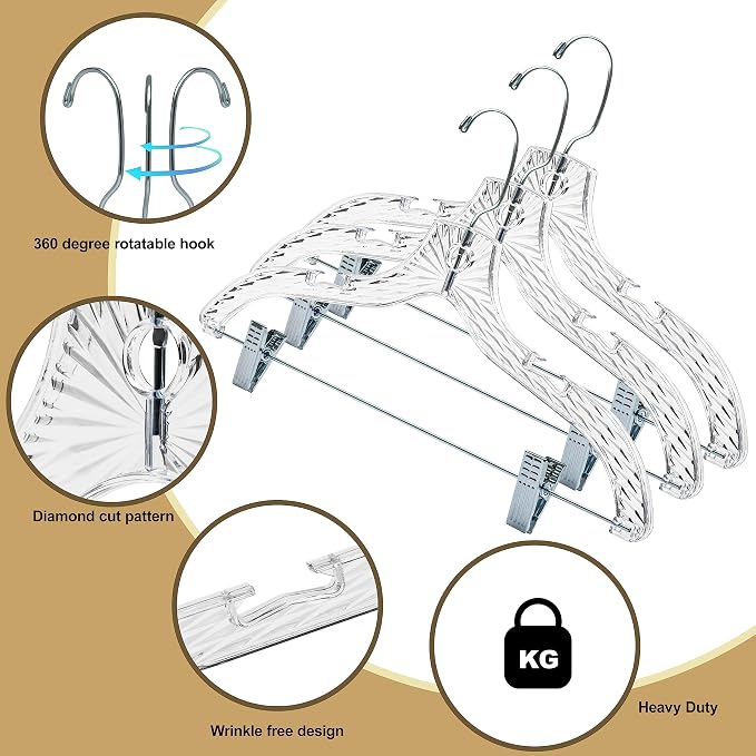 Quality Clear Plastic Skirt Hangers - 96 Pack Crystal Cut for Skirt, Pant, Dress, Suit, Coat Hangers Heavy Duty & Nonslip Design Adjustable Clips, Swivel Hook, 17" inch - Image 4