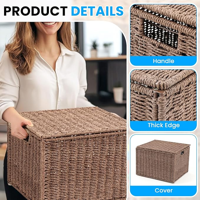 Cinnvoice Extra Large Decorative File Box 18 x 16 x 13 in Wicker Seagrass File Basket Organizer for Letter Legal Size Hand Woven Hanging Filing Cabinet with Lid for Office Paper Rope, Dark Brown - Image 4
