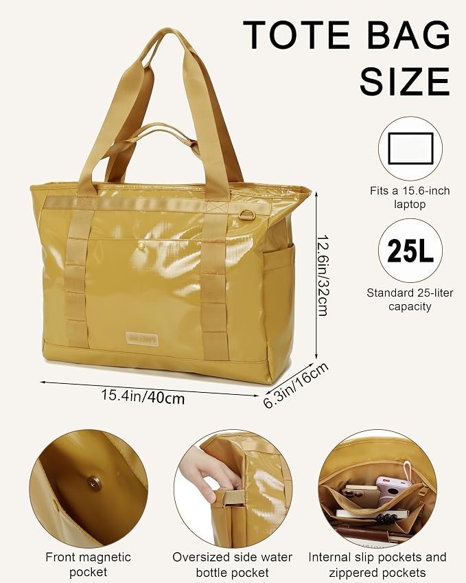 FHELAD Extra Large Glossy Tote Bag for Women, Beach Shoulder Bag 25L | Waterproof Sandproof, 15.6" Laptop Compartment, Luggage Strap, Work, Travel - Image 4