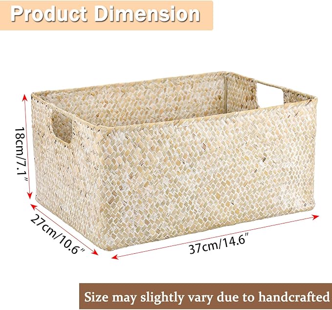 Hipiwe Wicker Shelf Baskets Seagrass Storage Opened Baskets Bin with Handle | Rectangular Closet Bedroom Basket Organizer Box, Multipurpose Woven Basket Home Organizer, Whitewash 14.6"x 10.6" x 7.1" - Image 3