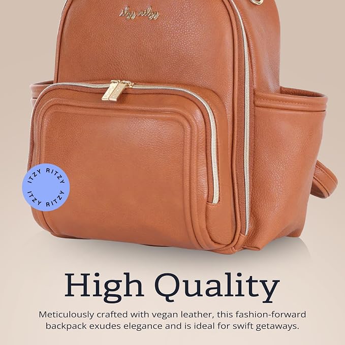 Itzy Ritzy Mini Diaper Bag Backpack - 10 Pockets w/Changing Pad (Cognac) | Chic Mini Plus Diaper Bag with 2 Insulated Bottle Pockets, Key Lanyard, Wipeable Changing Pad, Grab-Top Handle & Rubber Feet - Image 6