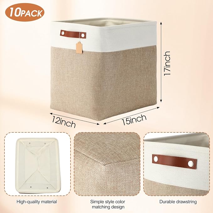 Uiifan 10 Pcs Collapsible Storage Bins Fabric Foldable Storage Basket with Handles Cloth Organizer Linen Shelf Baskets for Shelves Home Closet Nursery Toys(17 x 15 x 12 Inch,Beige and White) - Image 2