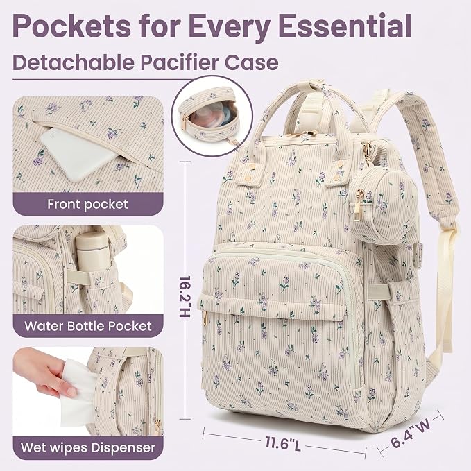 Baby Diaper Bag Backpacks for Mom Dad, Corduroy Large Capacity Multifunction Nappy Bag with Pacifier Case, Baby Travel Essentials Diaper Backpack for Boys Girls - Flowers Purple - Image 5