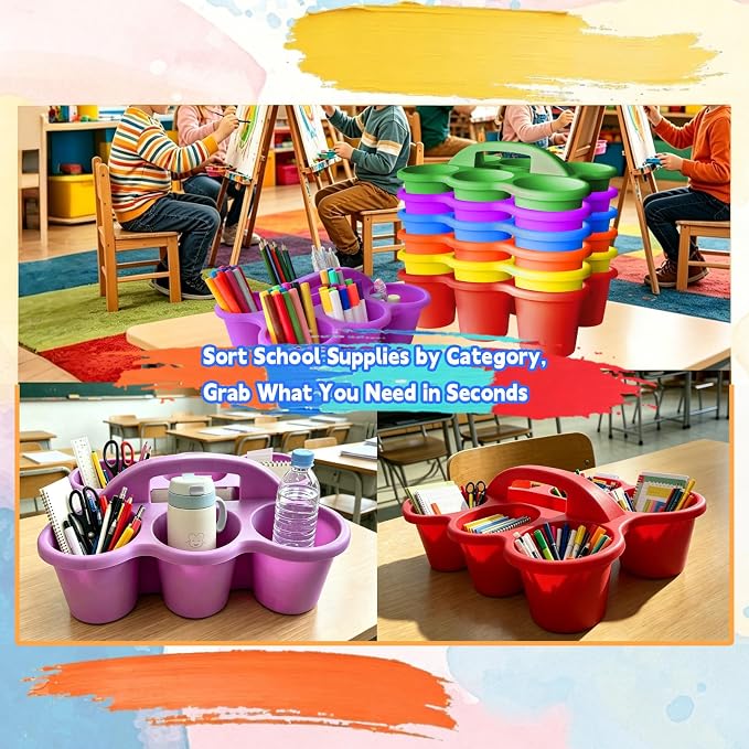 6 Pack Classroom Caddy Organizer with Handle Multicolor Plastic Table Caddy 6 Compartments Storage Cup Holder for School Supplies Art Crafts Crayons Pencils Stackable Desk Caddy for Office - Image 6