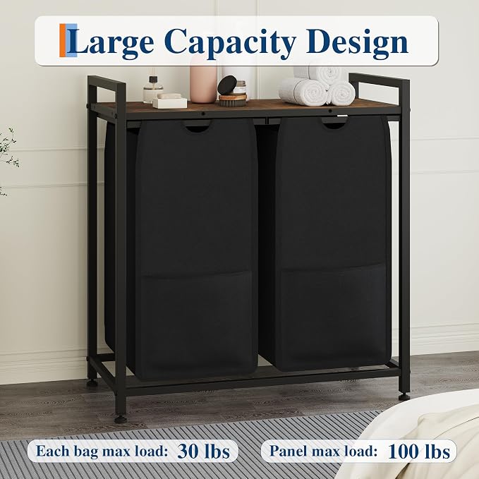 Garvee 97L Laundry Basket 2 Section, Laundry Hamper with Shelf & 2 Removable Bags, Dirty Clothes Basket Organizer for Bathroom Bedroom Room Organization, 2 x 12.8 Gal (48.5L), Rustic Brown + Black | Laundry Basket with Shelf & 2 Removable Bags, Dirty C... - Image 8