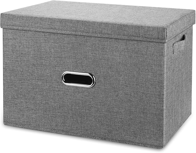 Linen Fabric Collapsible Storage Bins with Removable Lids and Handles, Washable Storage Box Containers Baskets Cube with Cover for Bedroom,Closet,Office,Living Room,Nursery (Grey, Small) by Unknown