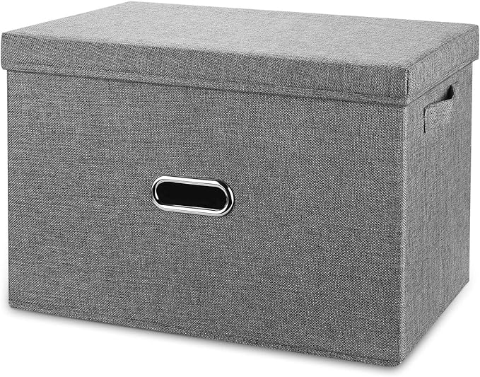 Linen Fabric Collapsible Storage Bins with Removable Lids and Handles, Washable Storage Box Containers Baskets Cube with Cover for Bedroom,Closet,Office,Living Room,Nursery (Grey, Medium) by Unknown