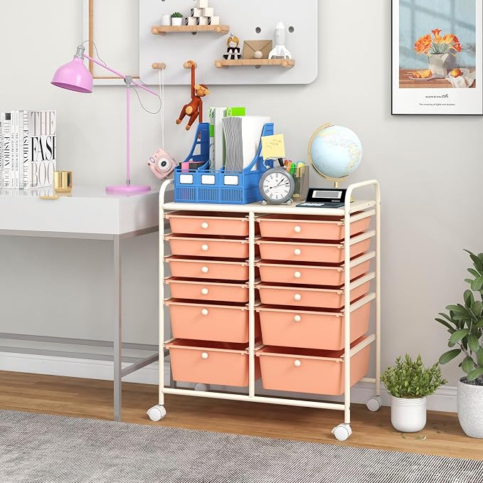 Giantex 12 Drawers Rolling Storage Cart, Classroom Organizers with Wheels for Tools Scrapbook Craft Paper Teacher Office School Supplies (Peach Fuzz) - Image 2