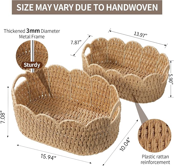Coeusy Paper Rope Scalloped Basket Set of 2, Wicker Storage Baskets for Shelves,Gifts,Books,Toys,Cute Decor Rattan Baskets for Organizing,Natural Color - Image 4