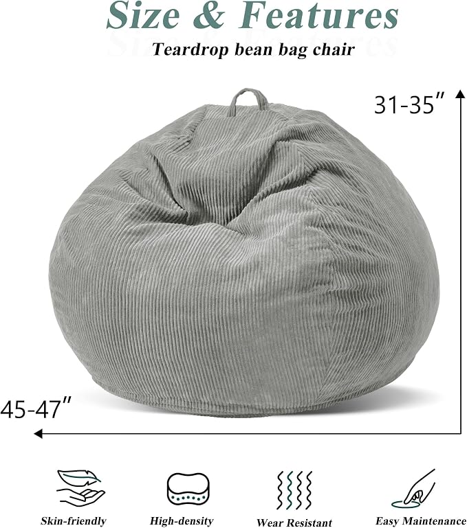 4FT Bean Bag Chair for Adults,Large Teardrop Beanbag with Filler | Beanbag Chair with Memory Foam Filled,Bean Bags with Handy Handle&Machine Washable Cover for Living Room,Bedroom-Light Grey - Image 2
